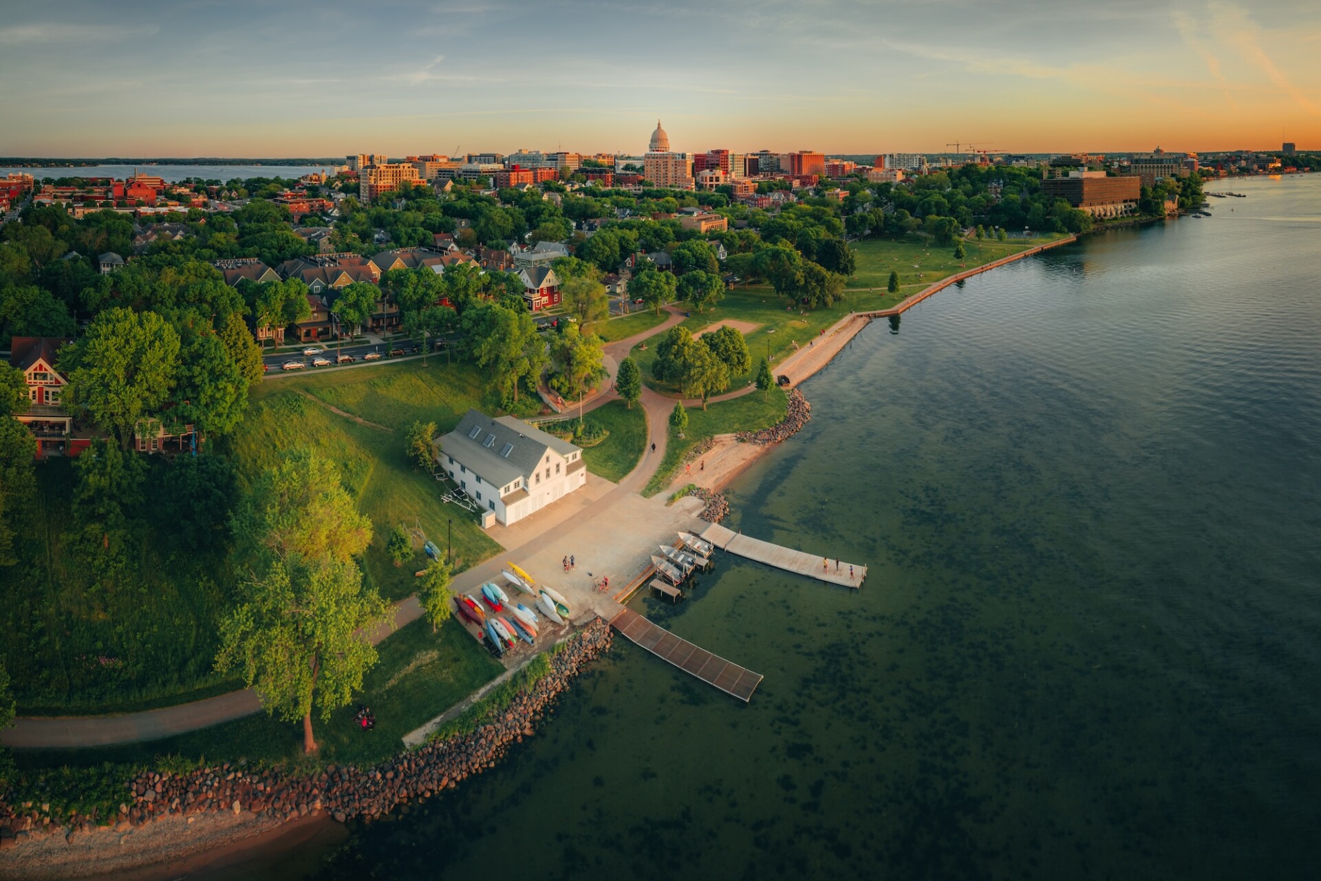Aerial view of Madison, Wisconsin looking west from James Madison Park
